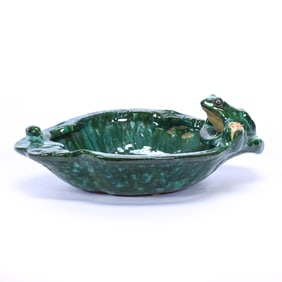 Console Bowl Marked Weller Art Pottery, Coppertone Pattern, Offset Handles With Perched Frog