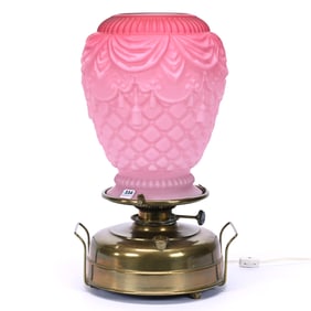 Lace Maker's Lamp By Nevis, Exceptional Pink Satin Drapery And Quilted Molded Shade