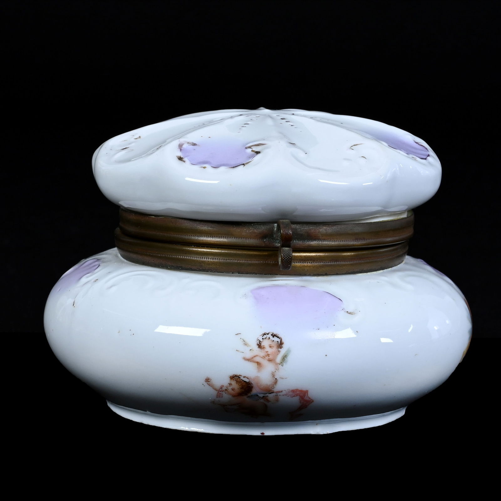 Jewel Box Marked Victoria Carlsbad Austria: Jewel Box Marked Victoria Carlsbad Austria, 3" x 4.5", White And Lavender Tones, Cherub Decor, Judith Hardardt Collection.