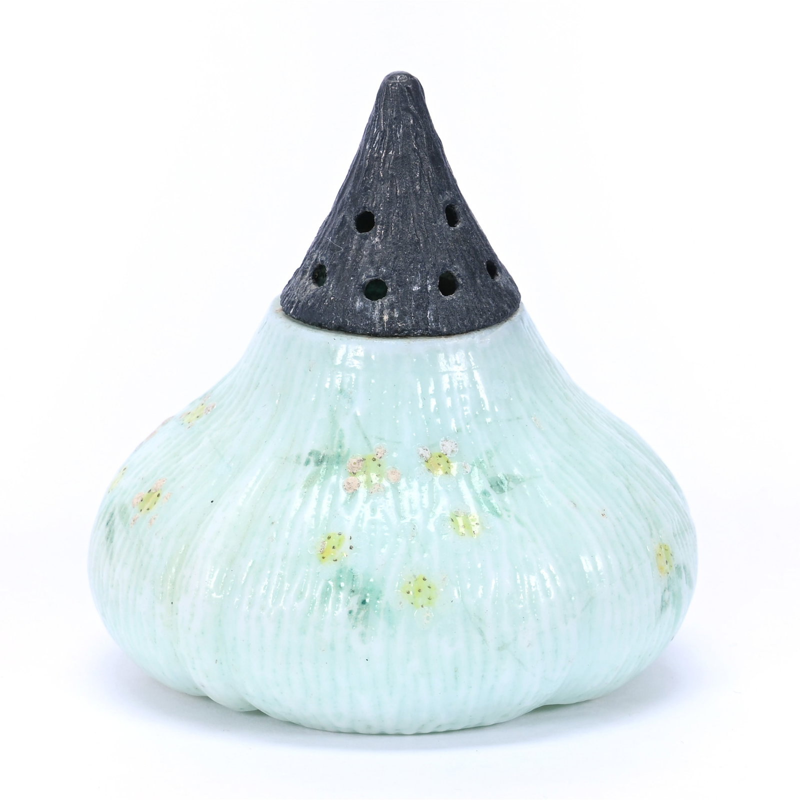 Salt Shaker, Unmarked Mt. Washington Fig Shape: Salt Shaker, Unmarked Mt. Washington Fig Shape, 2.5" x 2.5", Green And White Tones, Yellow Floral Decor, Judith Hardardt Collection.