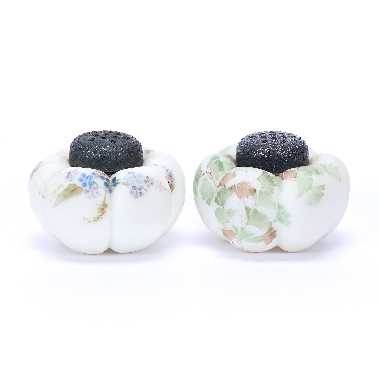 Salt And Pepper Shakers, Unmarked Mt. Washington, Tomato Shape: Salt And Pepper Shakers, Unmarked Mt. Washington, Tomato Shape, 1.75" x 2.5", White With Floral And Leaf Decor, Judith Hardardt Collection.