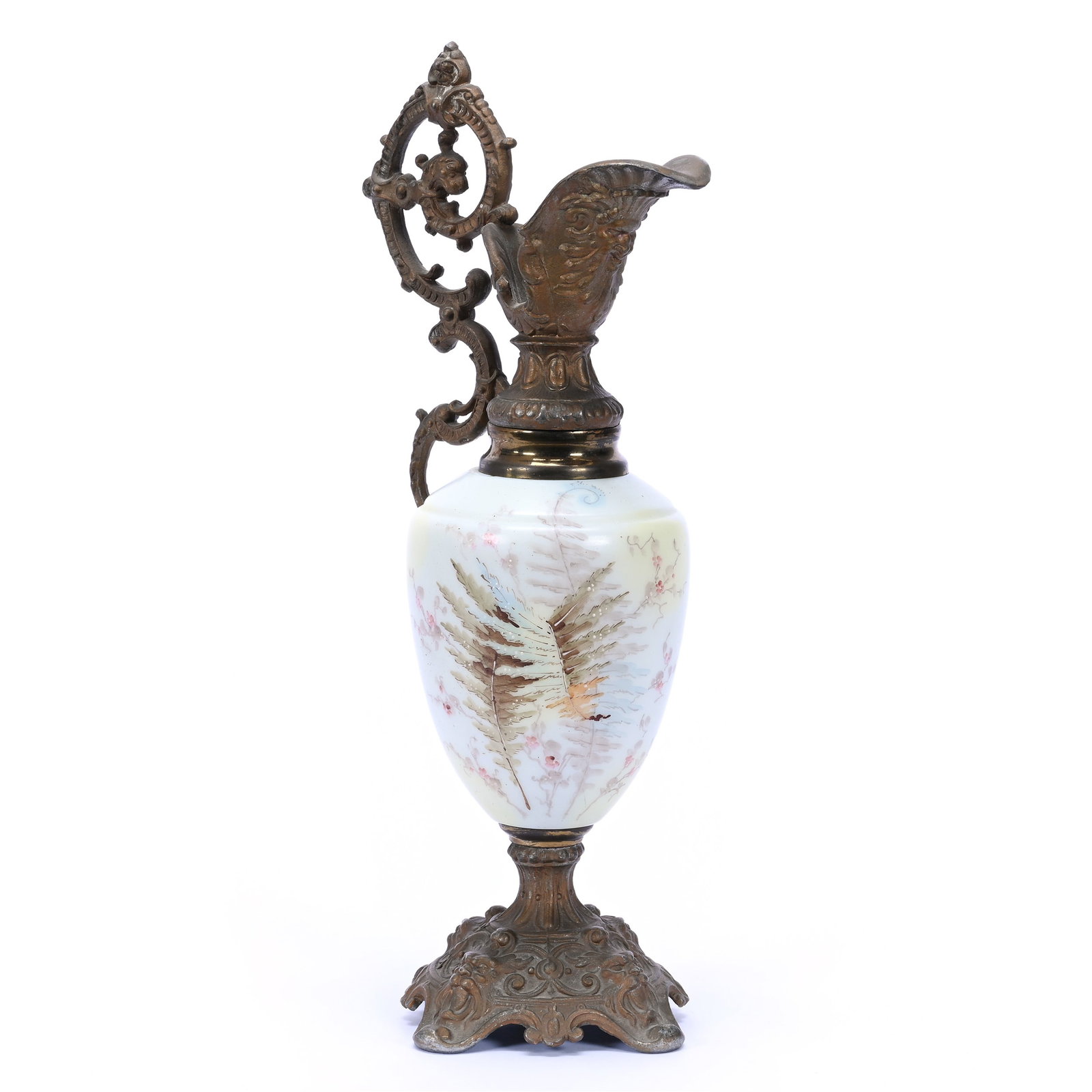 Ewer, Unmarked Wave Crest, Gilt Metal Top And Base: Ewer, Unmarked Wave Crest, Gilt Metal Top And Base, 15.75" x 7.25", Yellow And White Tones, Fern Decor, Judith Hardardt Collection.