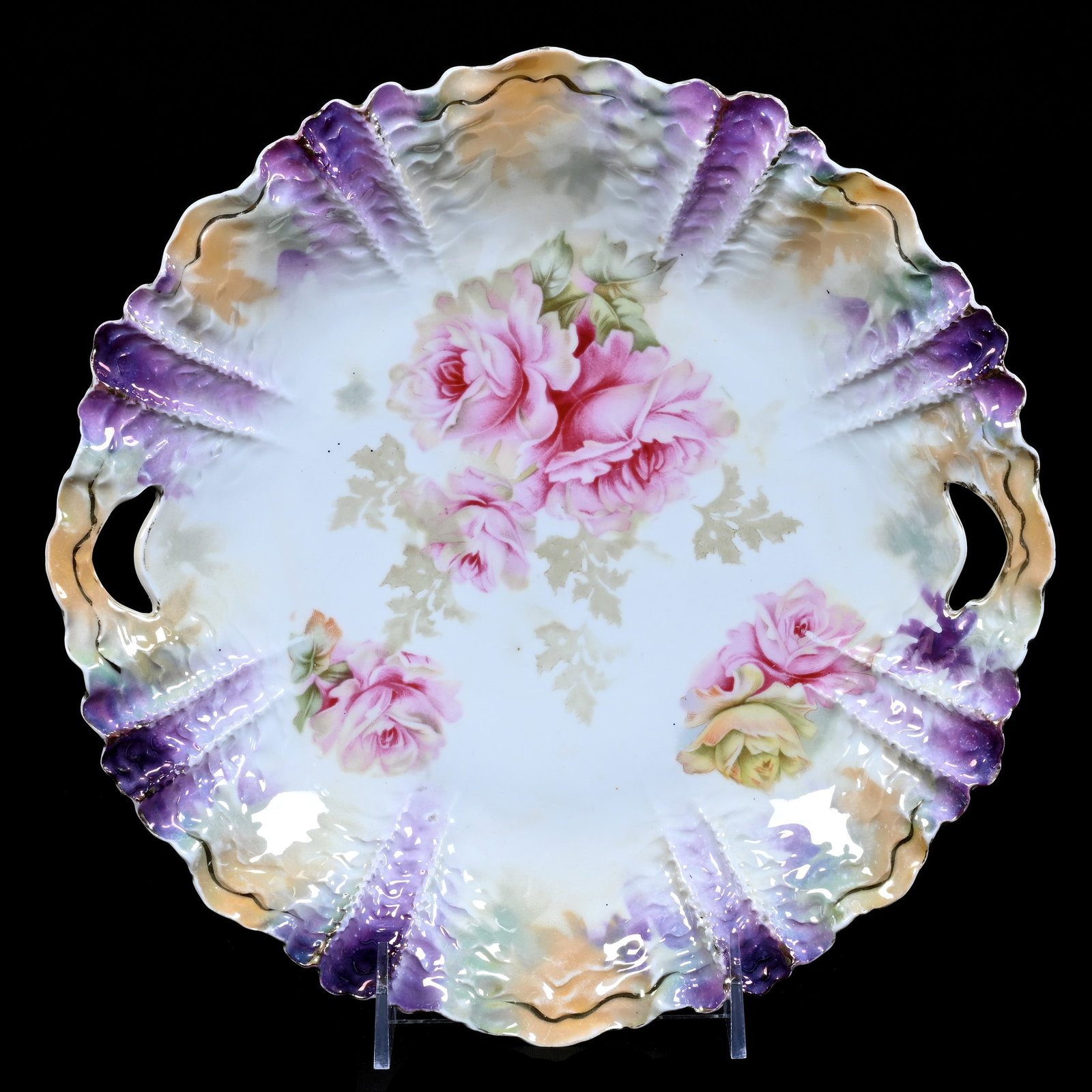 Cake Plate Marked R.S. Prussia, Luster Finish: Cake Plate Marked R.S. Prussia, Luster Finish, 10.25", White, Lavender, Cream And Yellow Tones, Floral Decor, Bob Crampton Collection, IL.