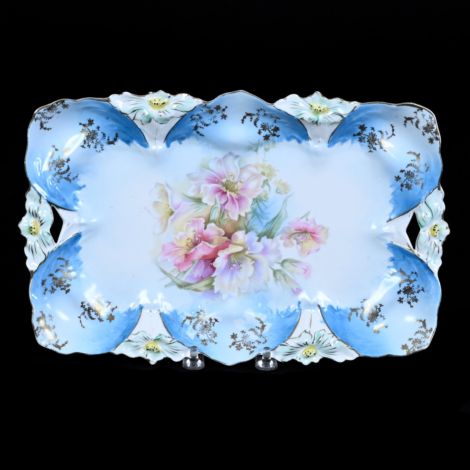 Dresser Tray, Unmarked R.S. Prussia, Lily Mold: Dresser Tray, Unmarked R.S. Prussia, Lily Mold, 11.75" x 7.5", Blue And White Tones, Floral Decor, Gold Stencil Highlights, Bob Crampton Collection, IL.