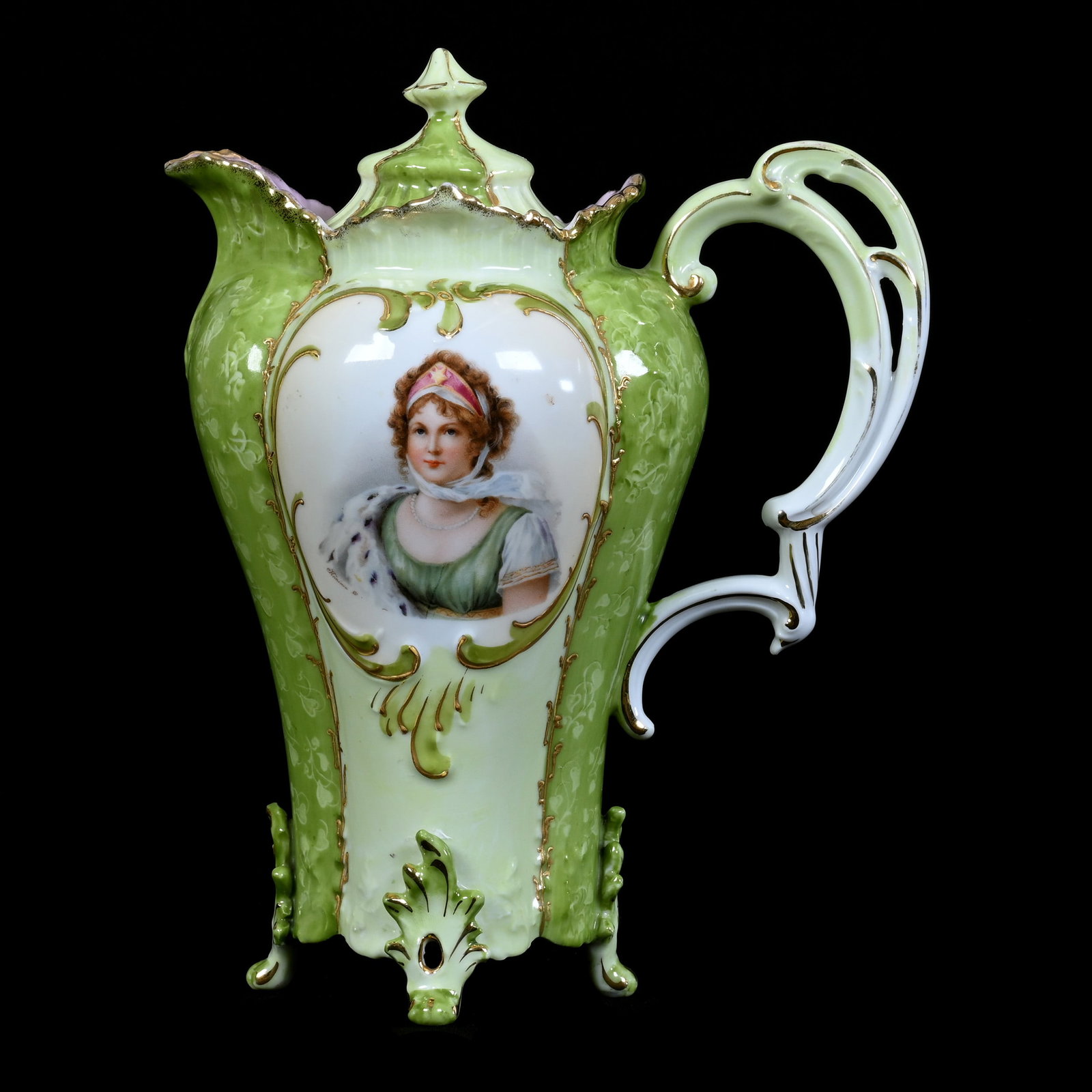 Chocolate Pot, Unmarked R.S. Prussia: Chocolate Pot, Unmarked R.S. Prussia, 8.5" x 7", Green Tones, Portrait Of Queen Louisa, Nice Example, Bob Crampton Collection, IL.