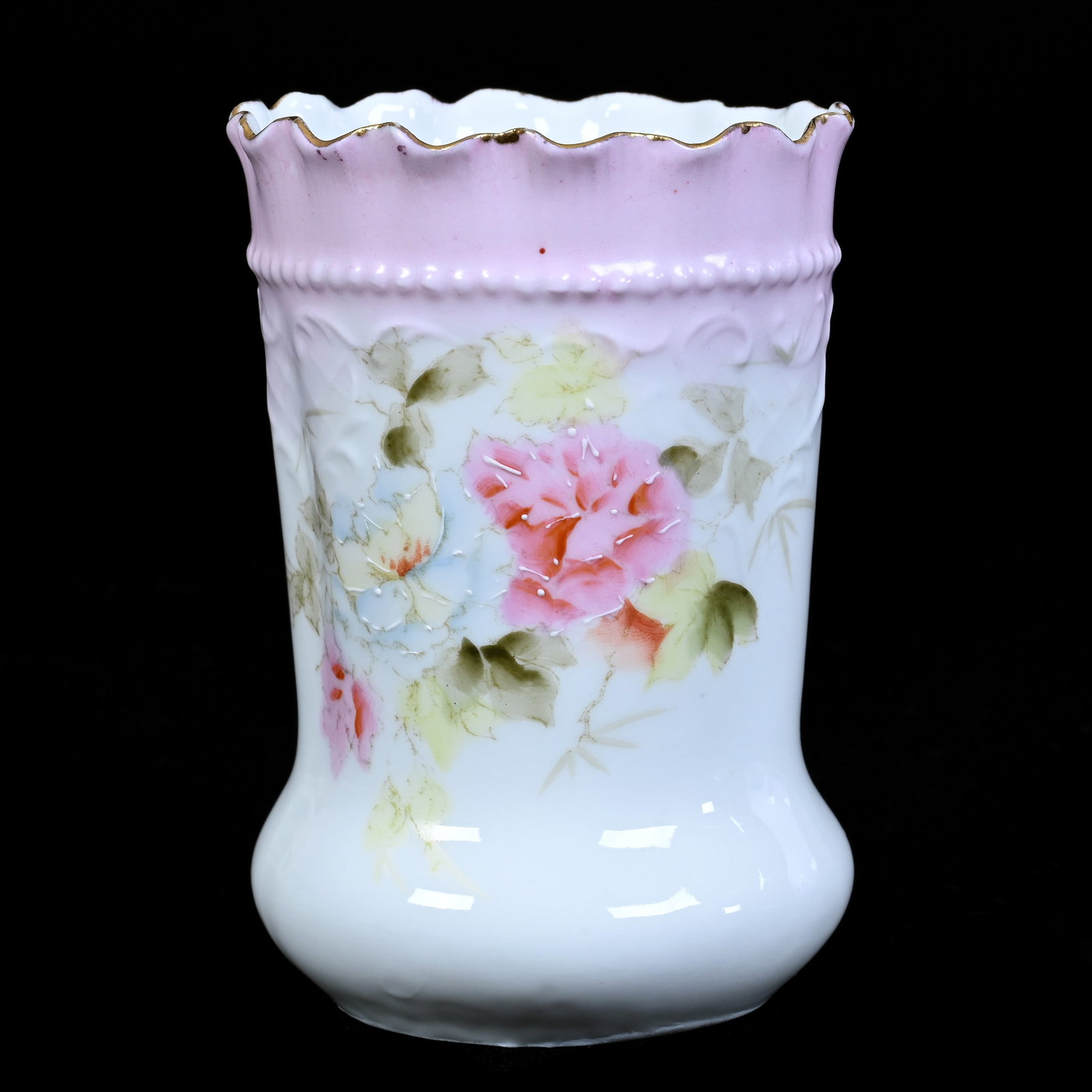 Spooner, Unmarked R.S. Prussia: Spooner, Unmarked R.S. Prussia, 4.5" x 3", Pink & White Tones, Floral Decor, Bob Crampton Collection, IL.