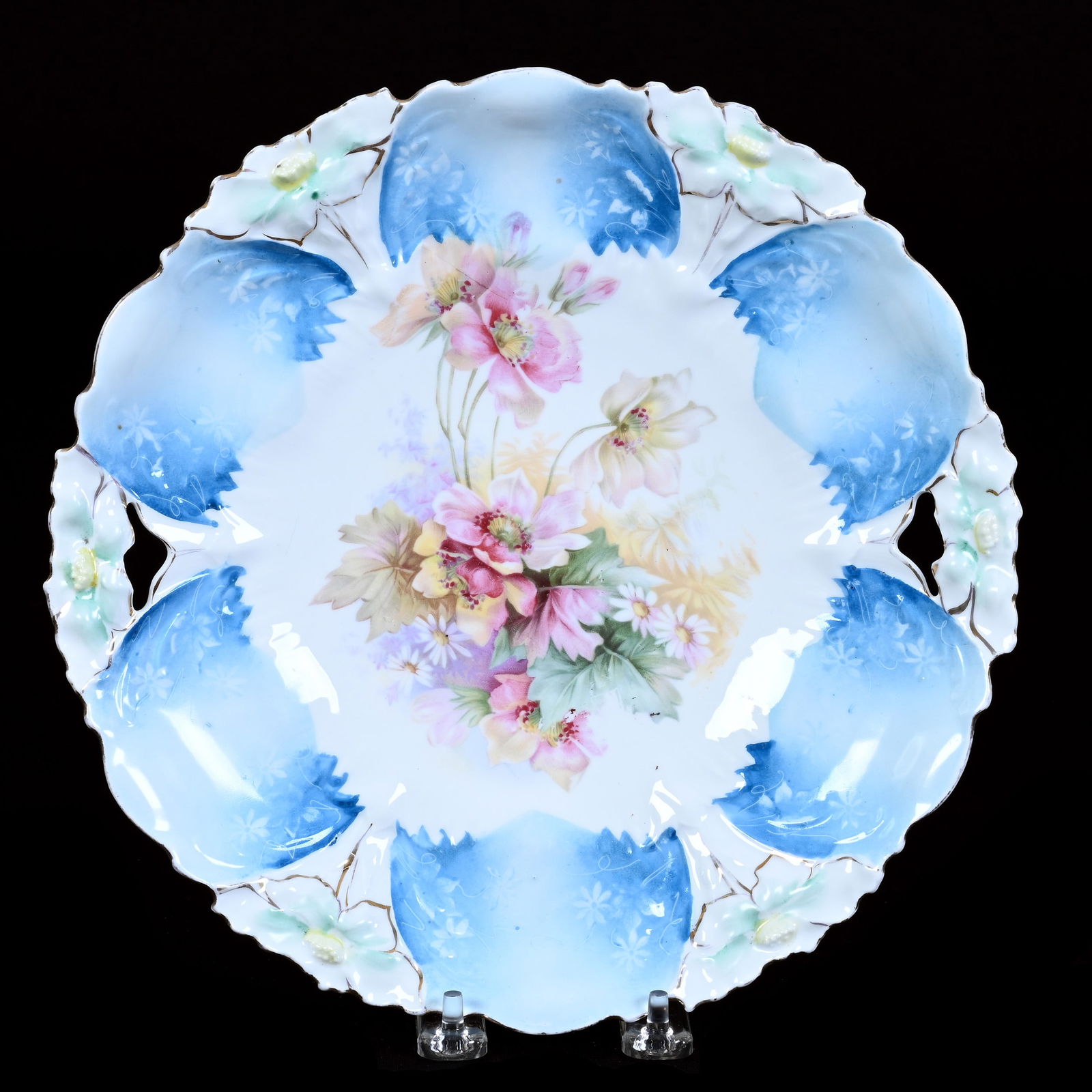 Cake Plate, Unmarked R.S. Prussia, Lily Mold: Cake Plate, Unmarked R.S. Prussia, Lily Mold, 10.5", Blue And White Tones, Wild Floral Decor, Bob Crampton Collection, IL.