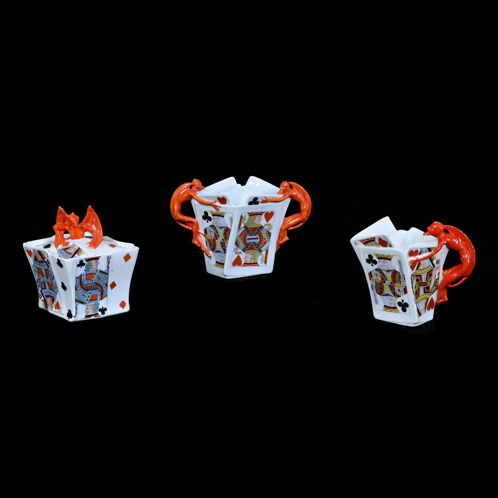 Creamer, Covered Sugar And Open Sugar (Tall Size), Royal Bayreuth Blue Mark, Devil And Cards (1 of 3)