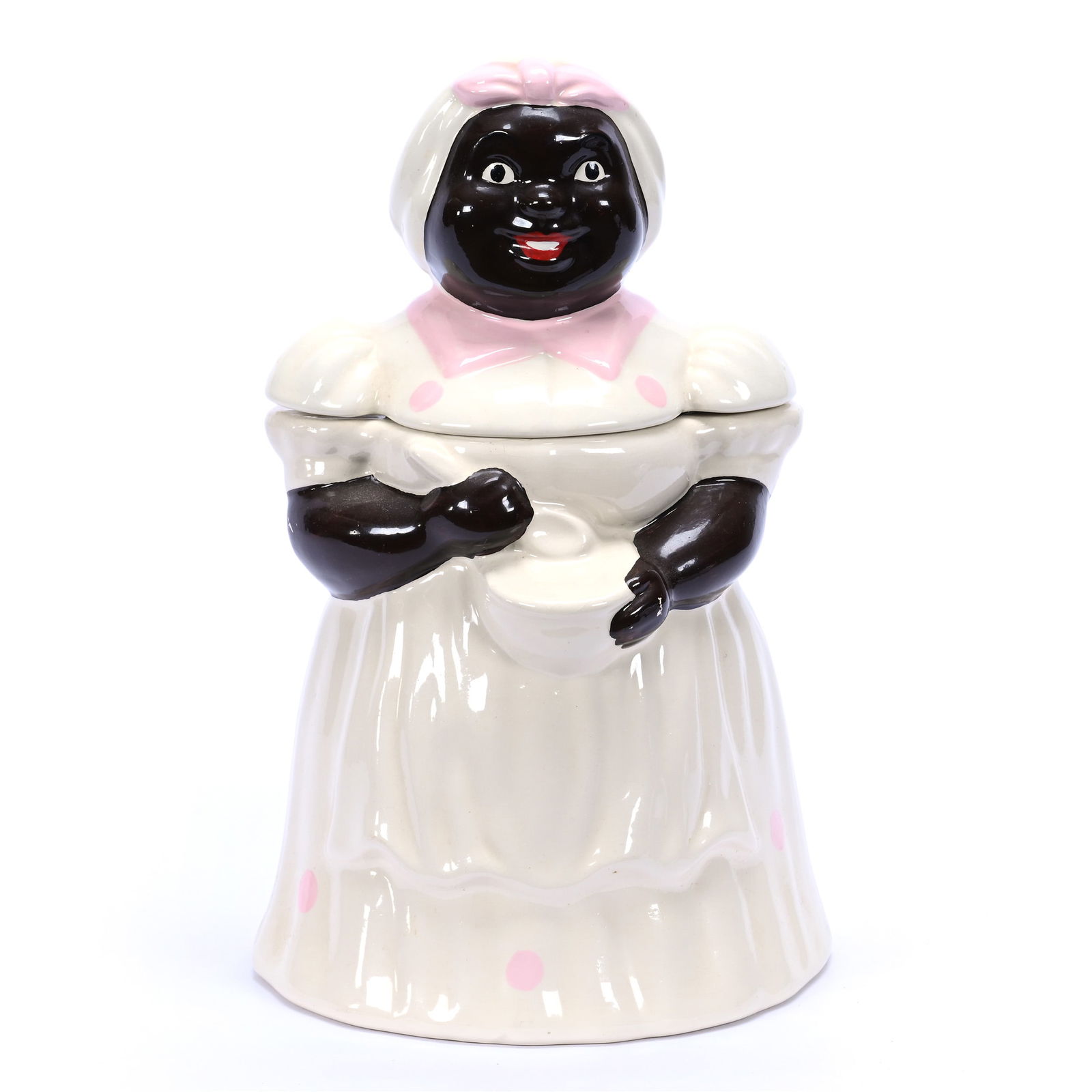 Cookie Jar, Aunt Jemima Or Mammy, Attributed To California By Metlox: Cookie Jar, Aunt Jemima Or Mammy, Attributed To California By Metlox, 12" x 7", White With Pink Highlights, Nancy Rein Collection, TN.