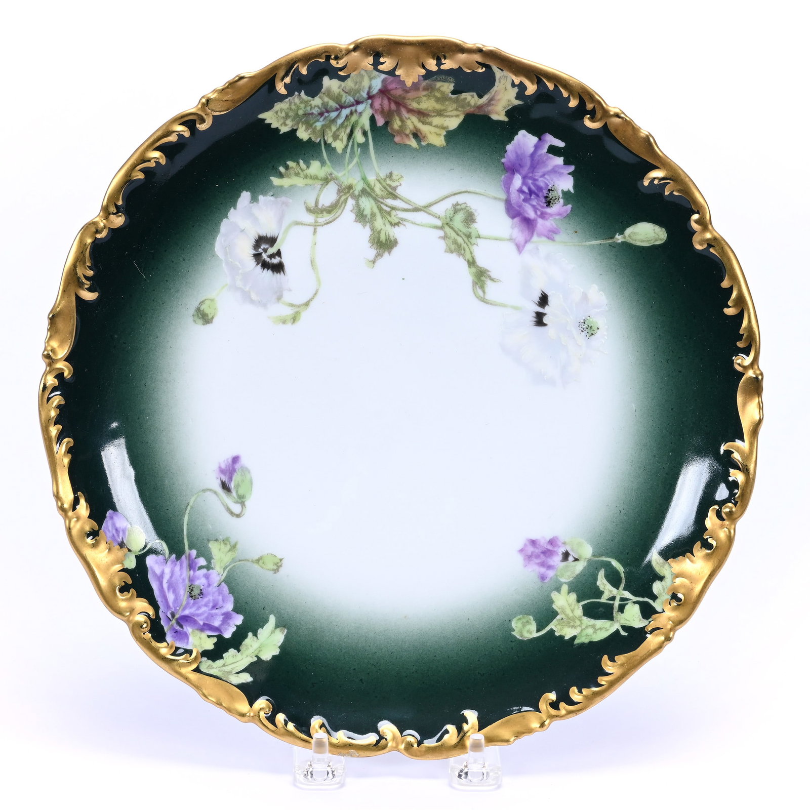 Plate Marked T&V Limoges Dark Green Shading To White, Poppy Decor: Plate Marked T&V Limoges Dark Green Shading To White, Poppy Decor, 10.25", Heavy Gold Trim, Illinois Private Collection.