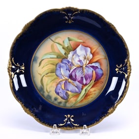 Pedestal Pastry Plate Marked Limoges, Hand Painted Iris Decor, Cobalt Blue Border