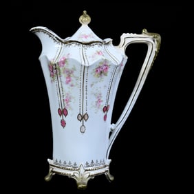 Footed Chocolate Pot Marked R.S. Prussia, White With Rose Decor