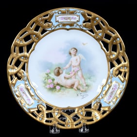 Plate, Unmarked Limoges, Hand Painted Cherub Decor, Reticulated Border