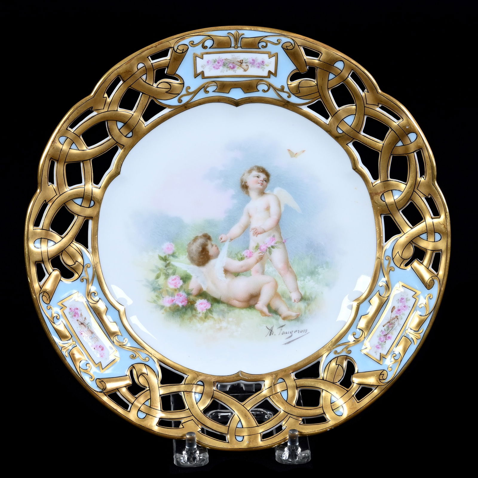 Plate, Unmarked Limoges, Hand Painted Cherub Decor, Reticulated Border (1 of 3)