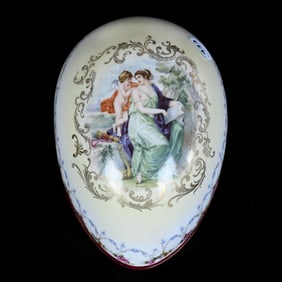 Covered Box, Egg Shape, Unmarked Prov Saxe, Yellow, White And Maroon Tones