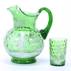 Water Set, Green Coinspot Art Glass With Mary Gregory Scenic Decor