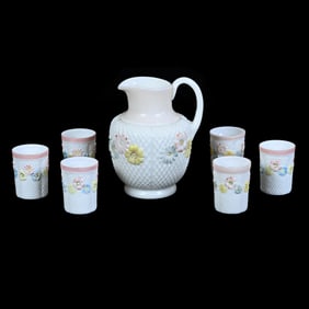 Water Set, Cosmos Pattern By Consolidated, Milk Glass