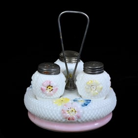 Condiment Set, Cosmos Pattern By Consolidated, Milk Glass With Colorful Highlights