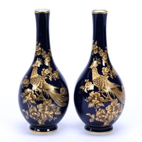 Pair Vases Marked Kaiser, Cobalt Blue With Extensive Gold Bird And Blossom Decor
