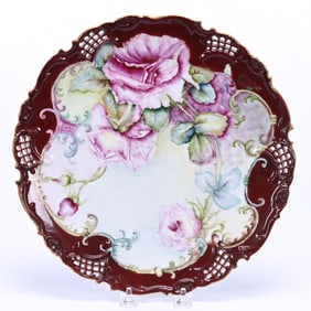 Plate, Unmarked Limoges, Blue, Yellow And Lavender, Pink Rose Decor