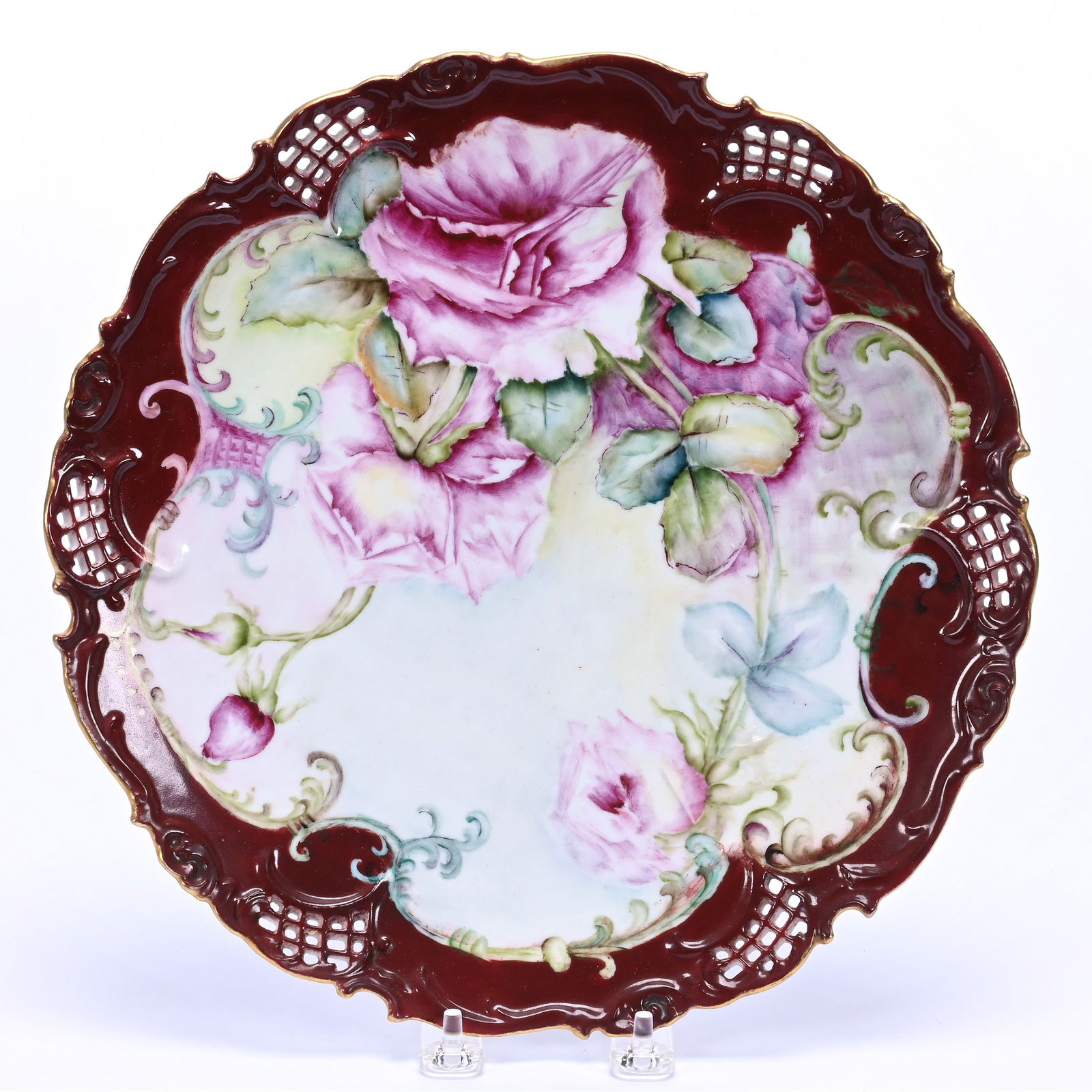 Plate, Unmarked Limoges, Blue, Yellow And Lavender, Pink Rose Decor (1 of 2)