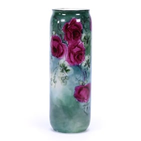 Cylinder Vase Marked Limoges, Green And Blue Tones, Red Rose Decor