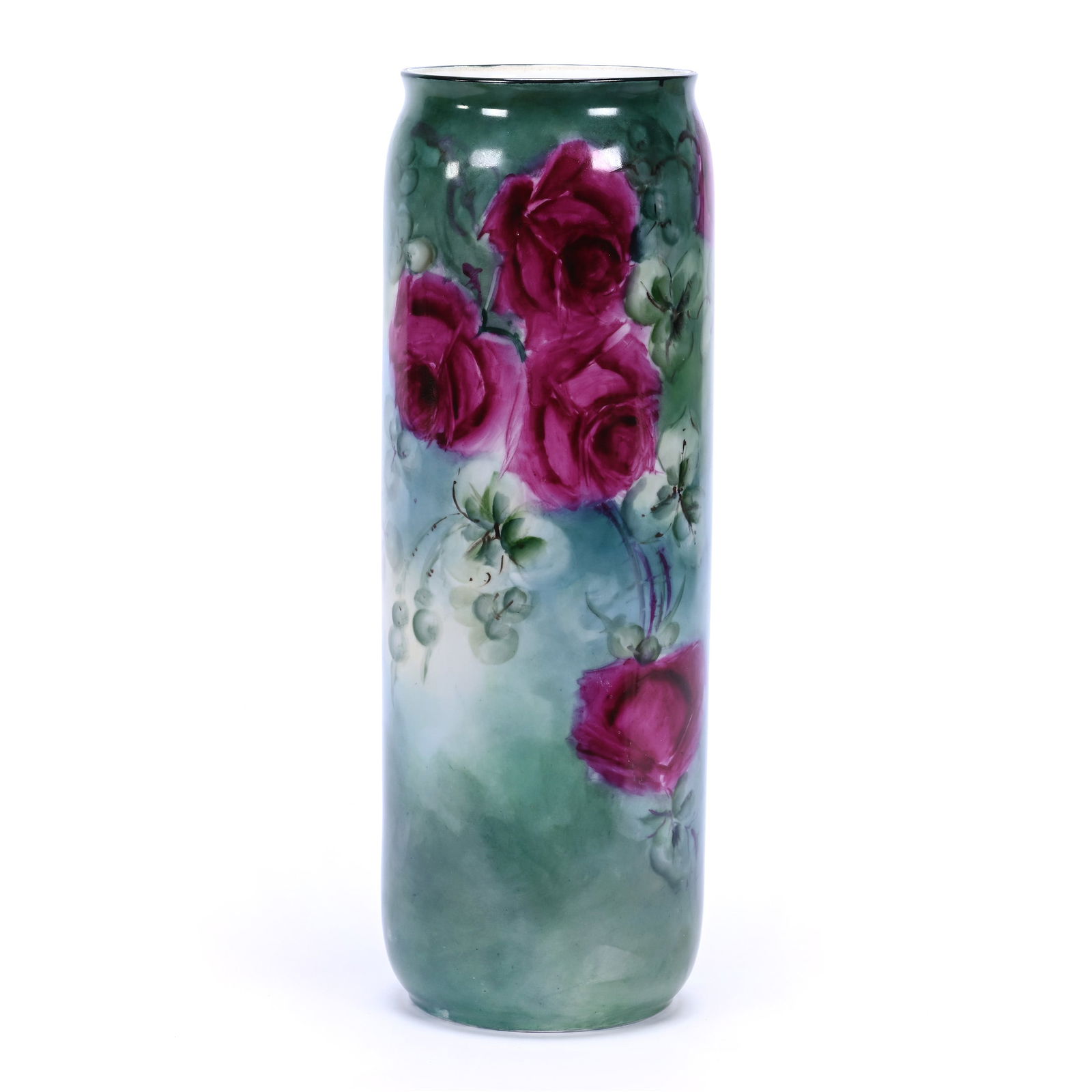 Cylinder Vase Marked Limoges, Green And Blue Tones, Red Rose Decor (1 of 3)