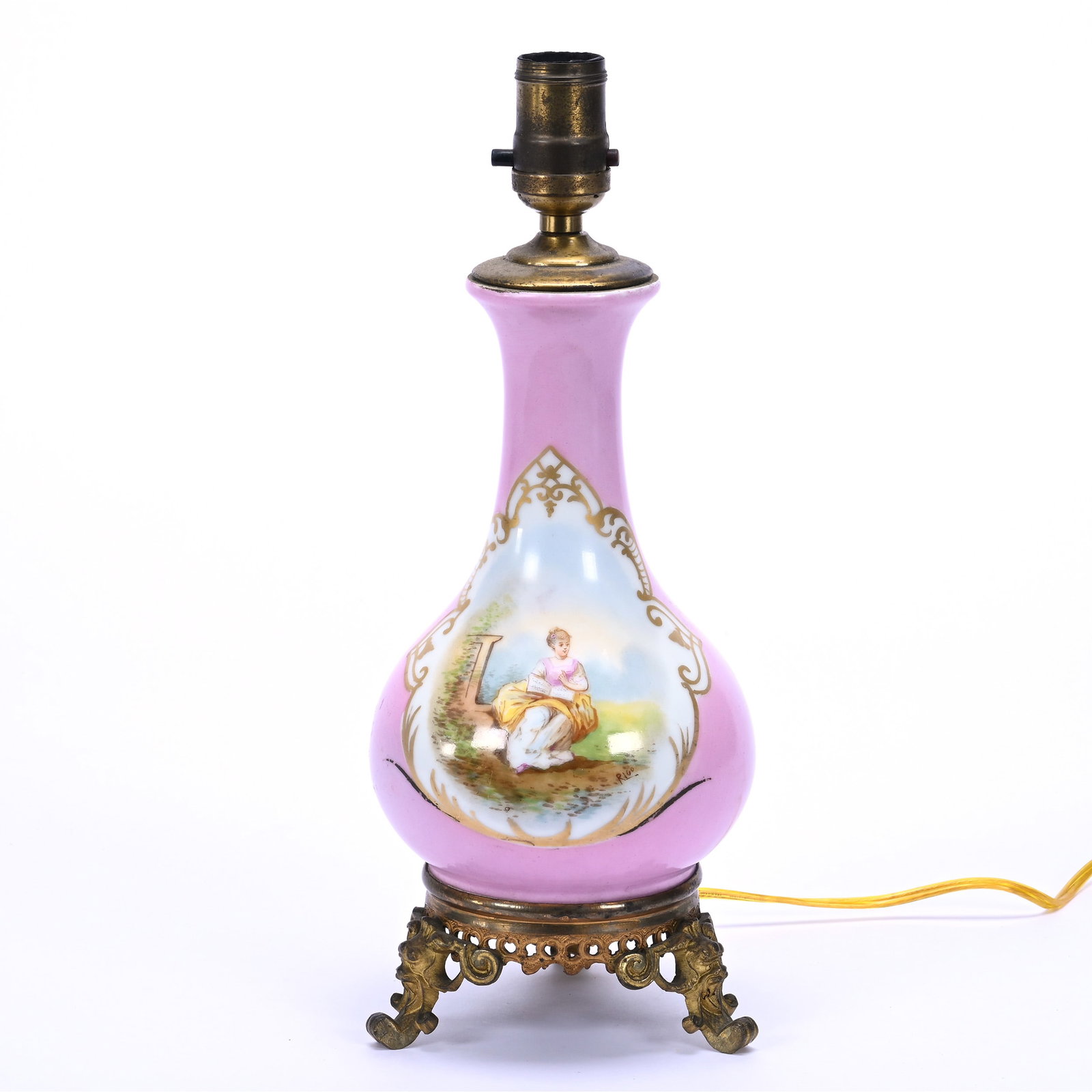 Table Lamp, Unmarked Limoges Style, Pink Tones, Hand Painted Scene Of Woman Singing: Table Lamp, Unmarked Limoges Style, Pink Tones, Hand Painted Scene Of Woman Singing, 14" x 5.25", Electrified, Illinois Private Collection.
