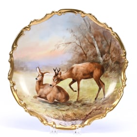 Plaque Marked Limoges, Hand Painted Scenic Decor Of Stag And Doe