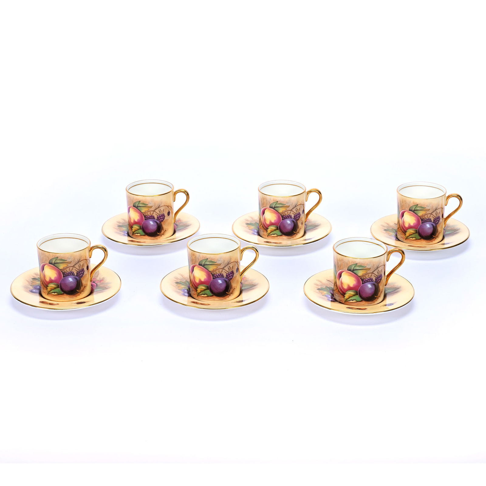 (6) Aynsley Cups And Saucers, Like New In Original Fitted Box: (6) Aynsley Cups And Saucers, Like New In Original Fitted Box, 2.5" x 4.75", Aynsley Bone China, Hand Painted Fruit Decor, Artist Signed, Box Measures 14.5" x 11", Illinois Private Collection.
