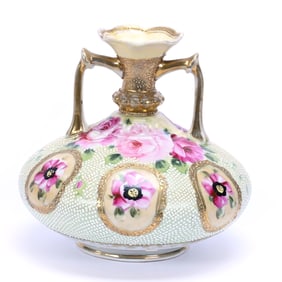 Vase, Two Handles, Marked Nippon, Green And Yellow Tones, Pink Rose Decor