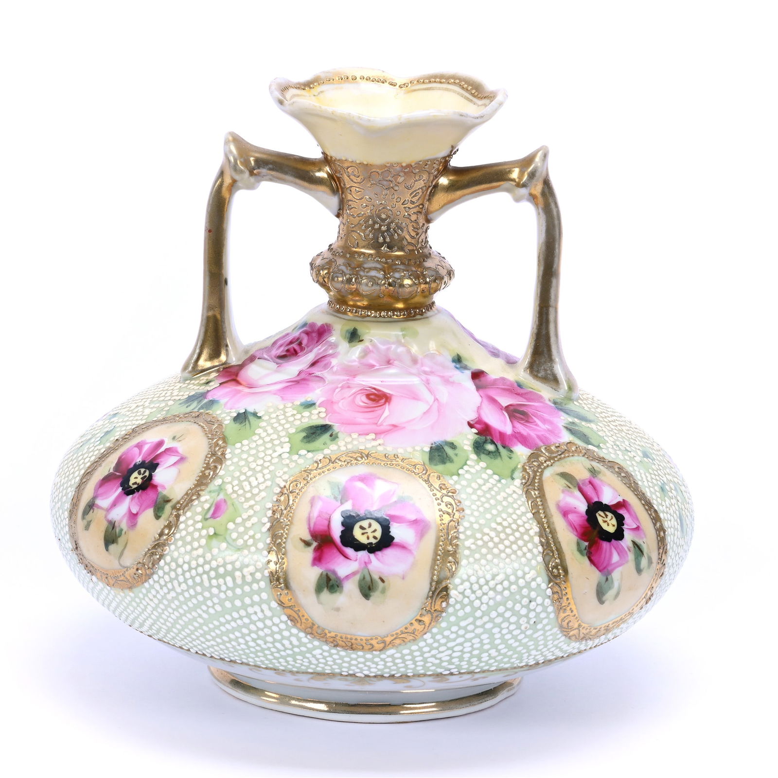 Vase, Two Handles, Marked Nippon, Green And Yellow Tones, Pink Rose Decor (1 of 3)