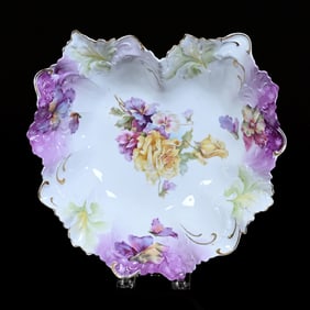 Bowl, Heart Shaped, Unmarked R.S. Prussia, White And Lavender Tones, Floral Decor