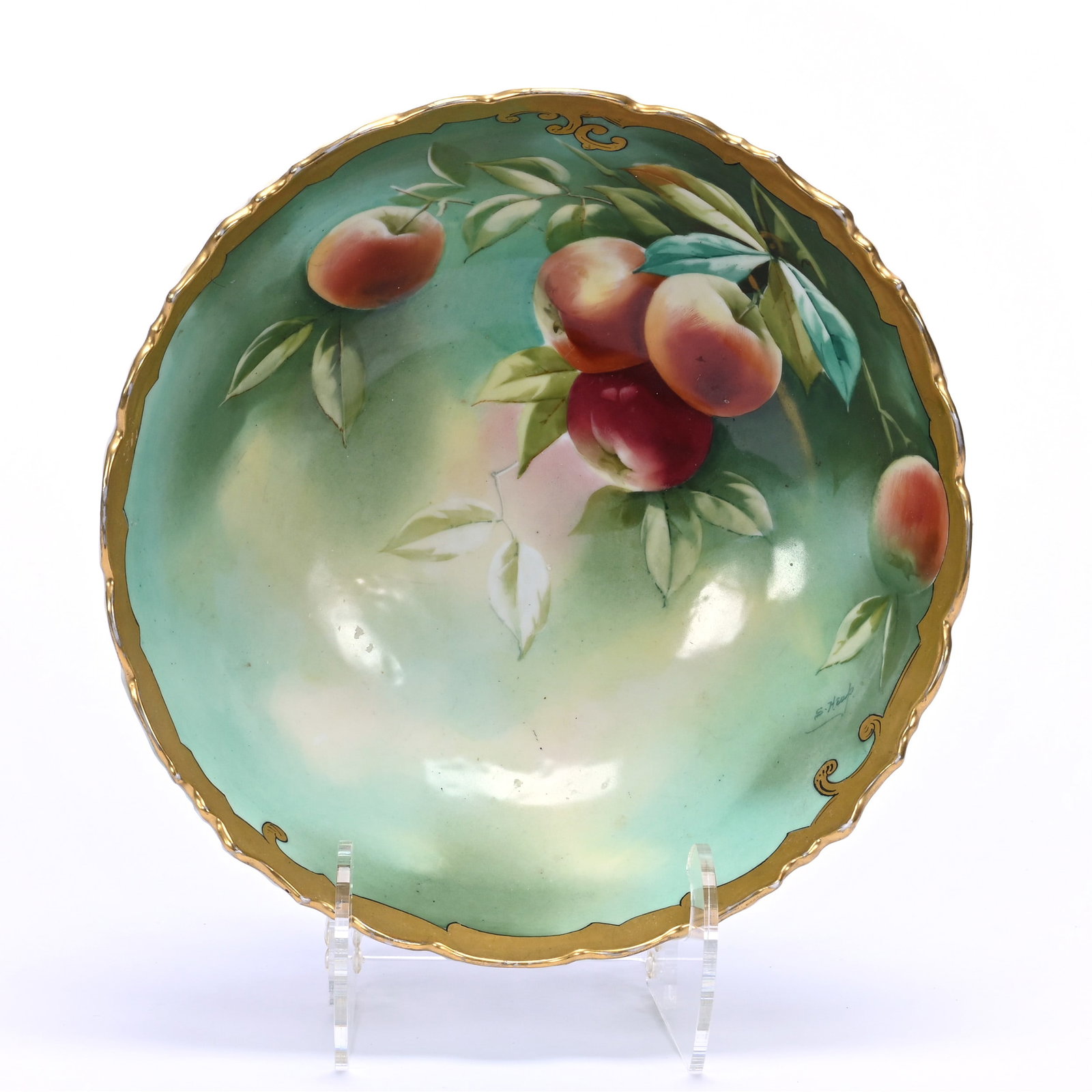 Footed Bowl Marked T&V Limoges and Stouffer Studio, Hand Painted Apple Decor: Footed Bowl Marked T&V Limoges and Stouffer Studio, Hand Painted Apple Decor, 5.25" x 10.75", Heavy Gold Trim, Illinois Private Collection. UPDATED 6-12-25: Added Additional Mark Information.