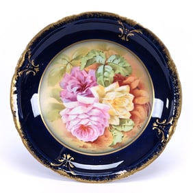Compote Marked Limoges, Hand Painted Rose Decor, Cobalt Blue Border