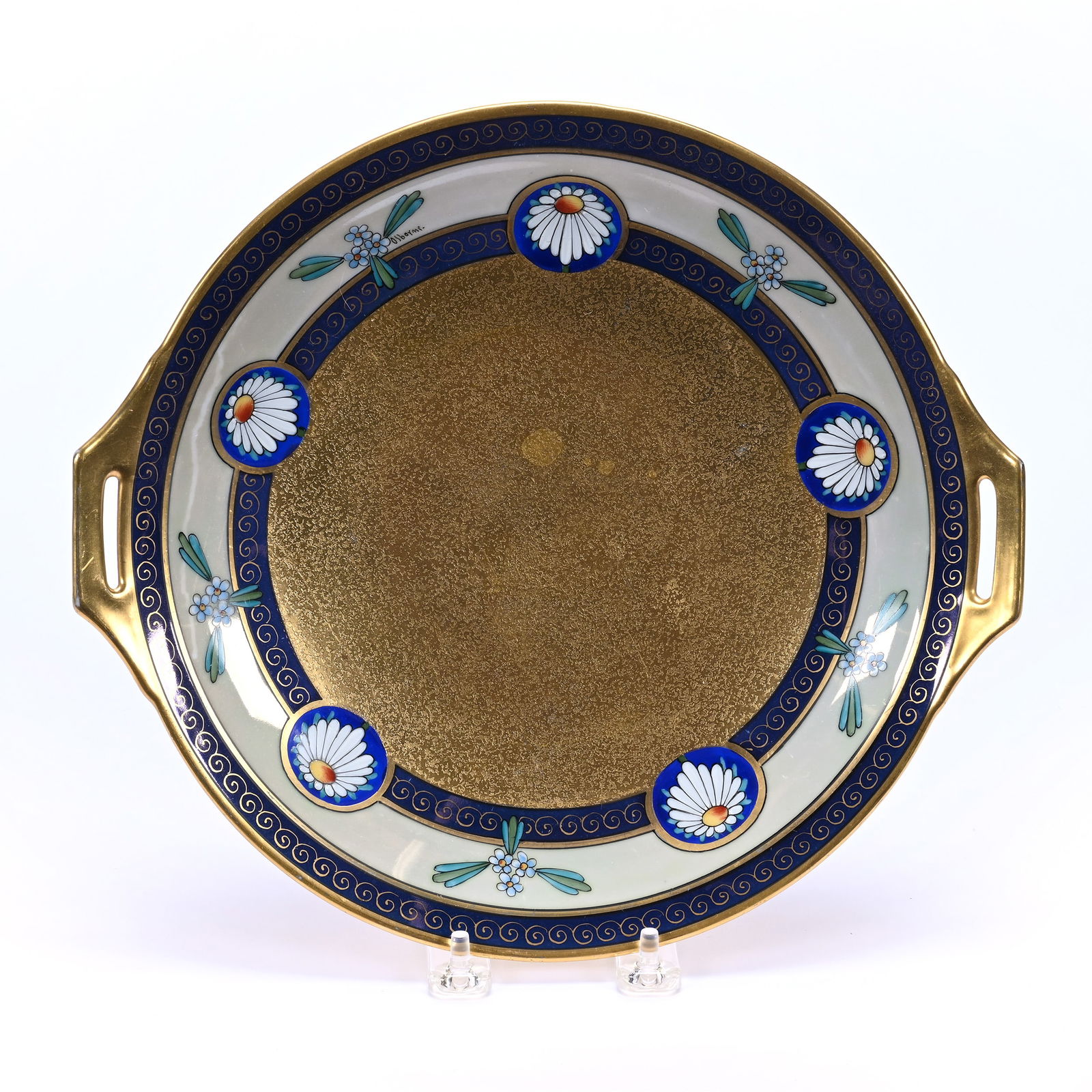 Cake Plate Marked Bavaria (Unmarked Pickard), Encrusted Linear Rose And Daisy AOG Pattern (1 of 3)