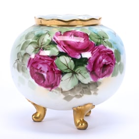 Footed Rosebowl Marked Bavaria, Hand Painted Rose Decor