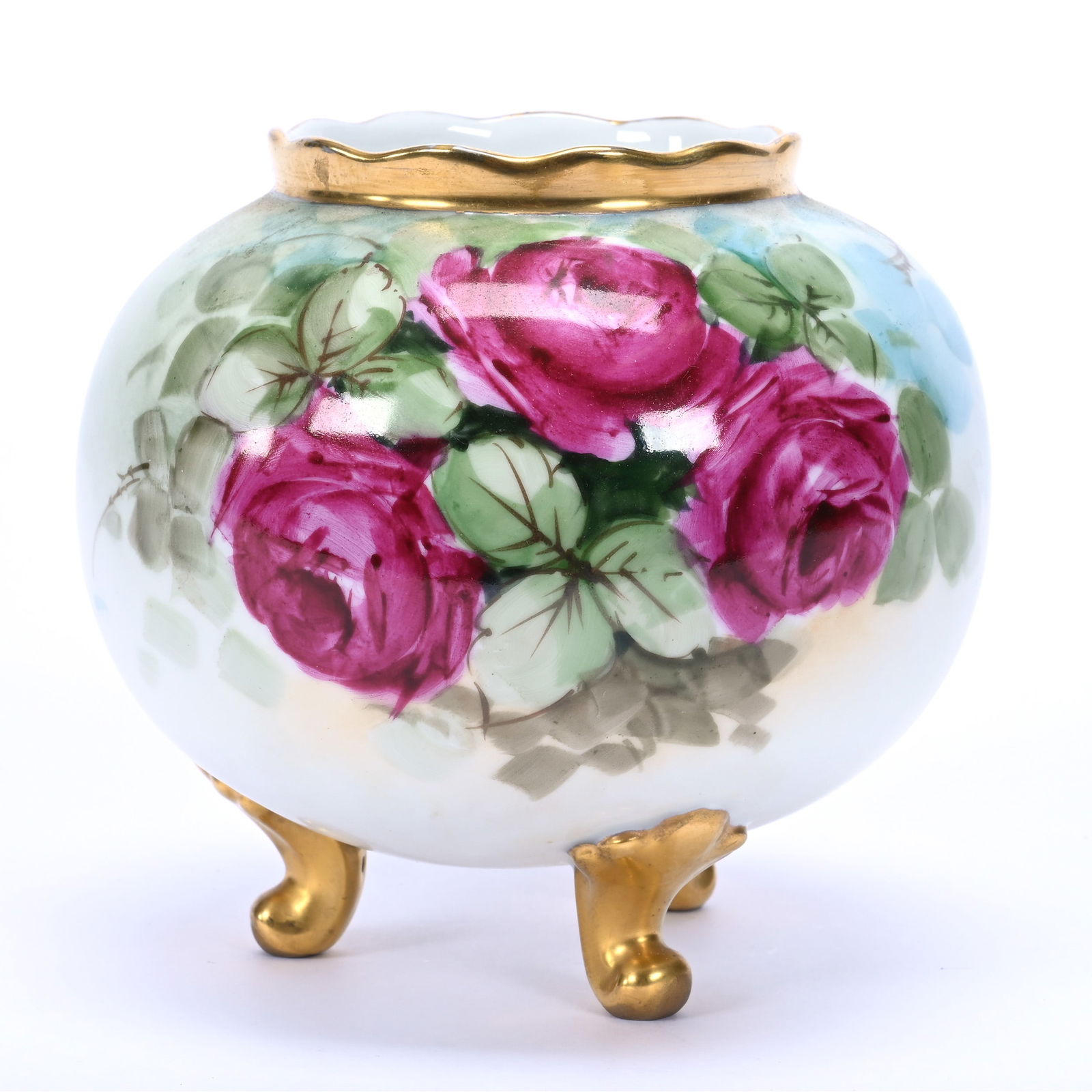 Footed Rosebowl Marked Bavaria, Hand Painted Rose Decor (1 of 3)