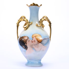 Vase, Two Handles, Marked T&V Limoges, Blue And Yellow Tones, Scene Of Woman And Cherub