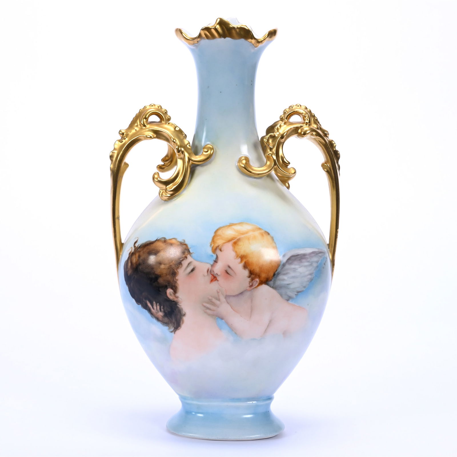 Vase, Two Handles, Marked T&V Limoges, Blue And Yellow Tones, Scene Of Woman And Cherub (1 of 3)