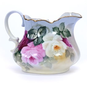 Pitcher, Unmarked Limoges, Hand Painted Rose Decor, Artist Signed