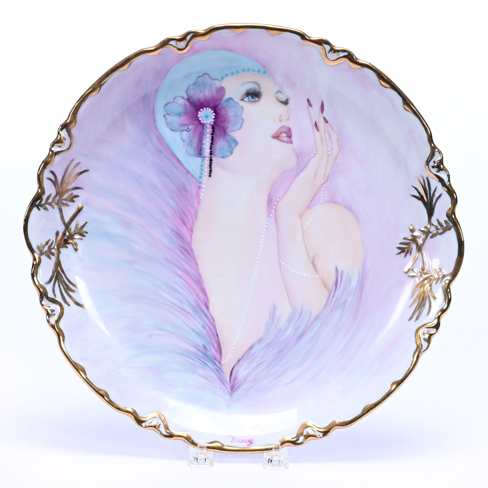 Charger, Unmarked Limoges Style, Hand Painted Art Deco Woman (1 of 3)