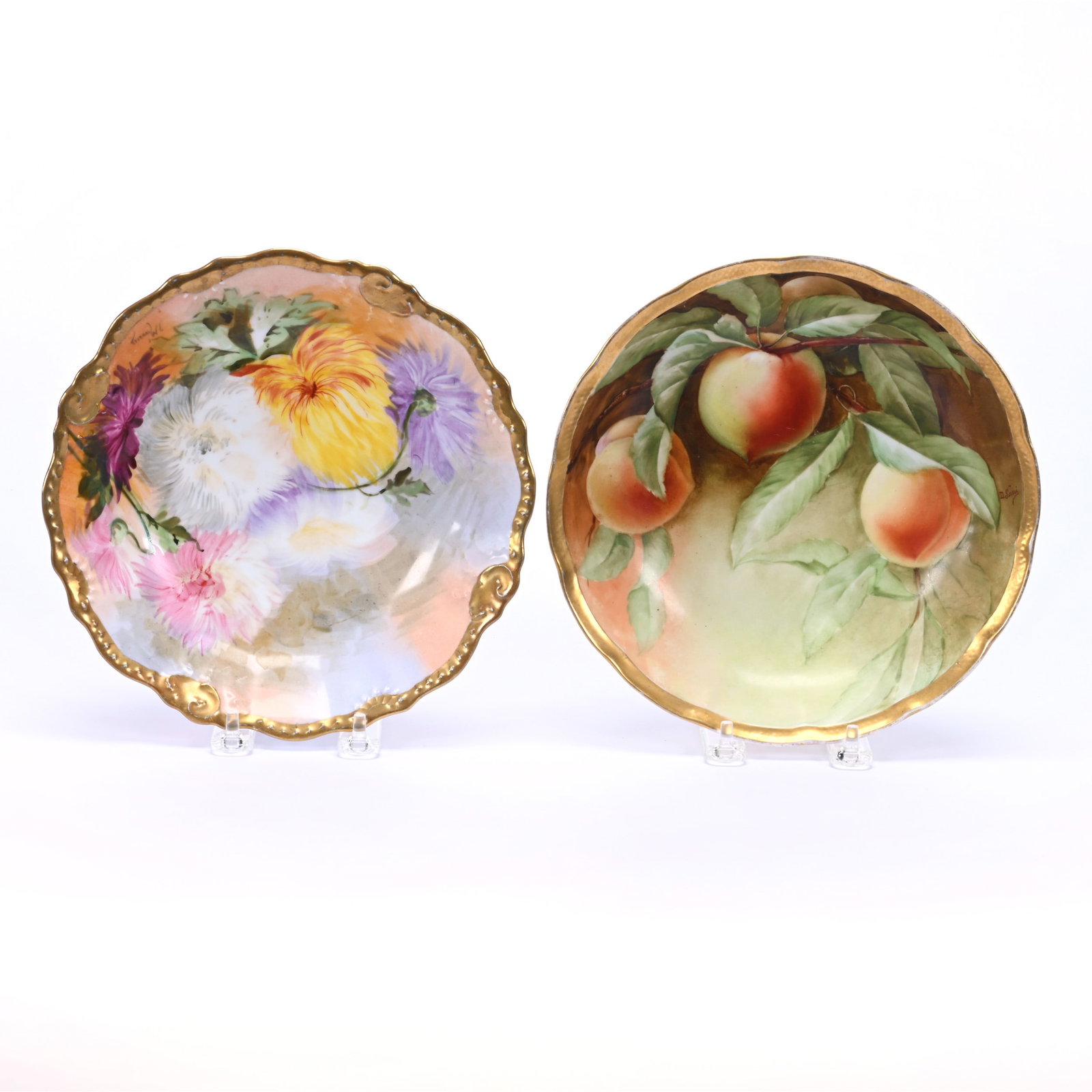 (2) Bowls, Hand Painted Decor: (2) Bowls, Hand Painted Decor, 8.5" approximately, (1) Marked B & H Limoges, Chrysanthemum Decor, (1) Marked Ginori, Peach Decor, Illinois Private Collection.