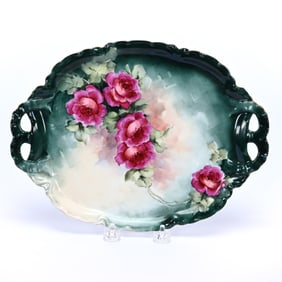 Dresser Tray Marked Haviland Limoges, Green And Cream With Red Rose Decor