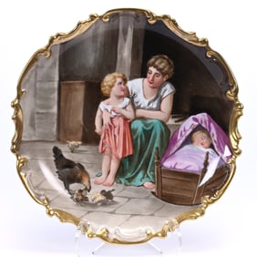 Charger Marked Coronet Limoges, Hand Painted Scene Of Woman, Two Children And Chicks
