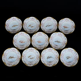 (11) Plates Marked J.P. Limoges, Hand Painted Fish Decor, Elaborate Rose Garland Border