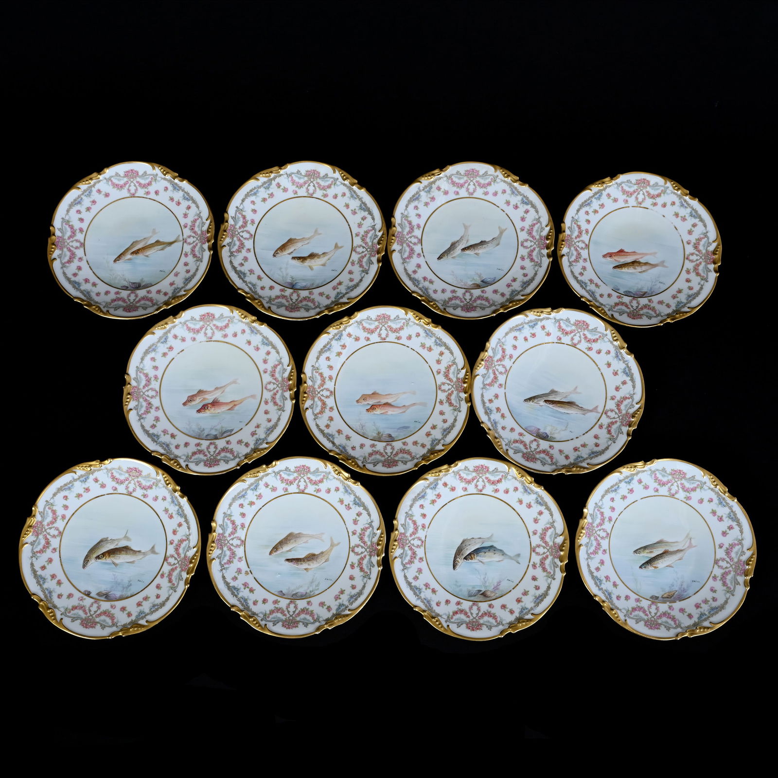 (11) Plates Marked J.P. Limoges, Hand Painted Fish Decor, Elaborate Rose Garland Border (1 of 4)