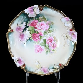 Bowl Marked R.S. Prussia, Cream And Green Tones, Pink Rose Decor, Red Jewel Highlights