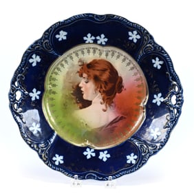 Cake Plate, R.S. Steeple Mark, Portrait Of Flossie, Cobalt Blue Border