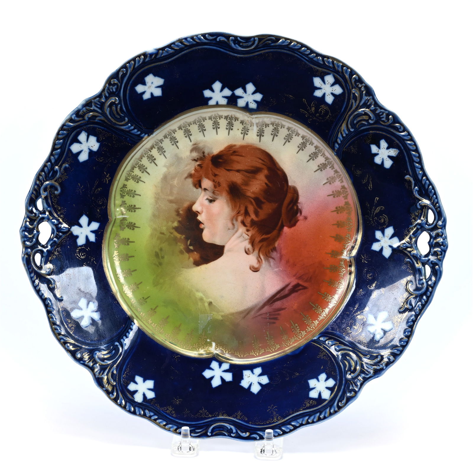 Cake Plate, R.S. Steeple Mark, Portrait Of Flossie, Cobalt Blue Border (1 of 2)